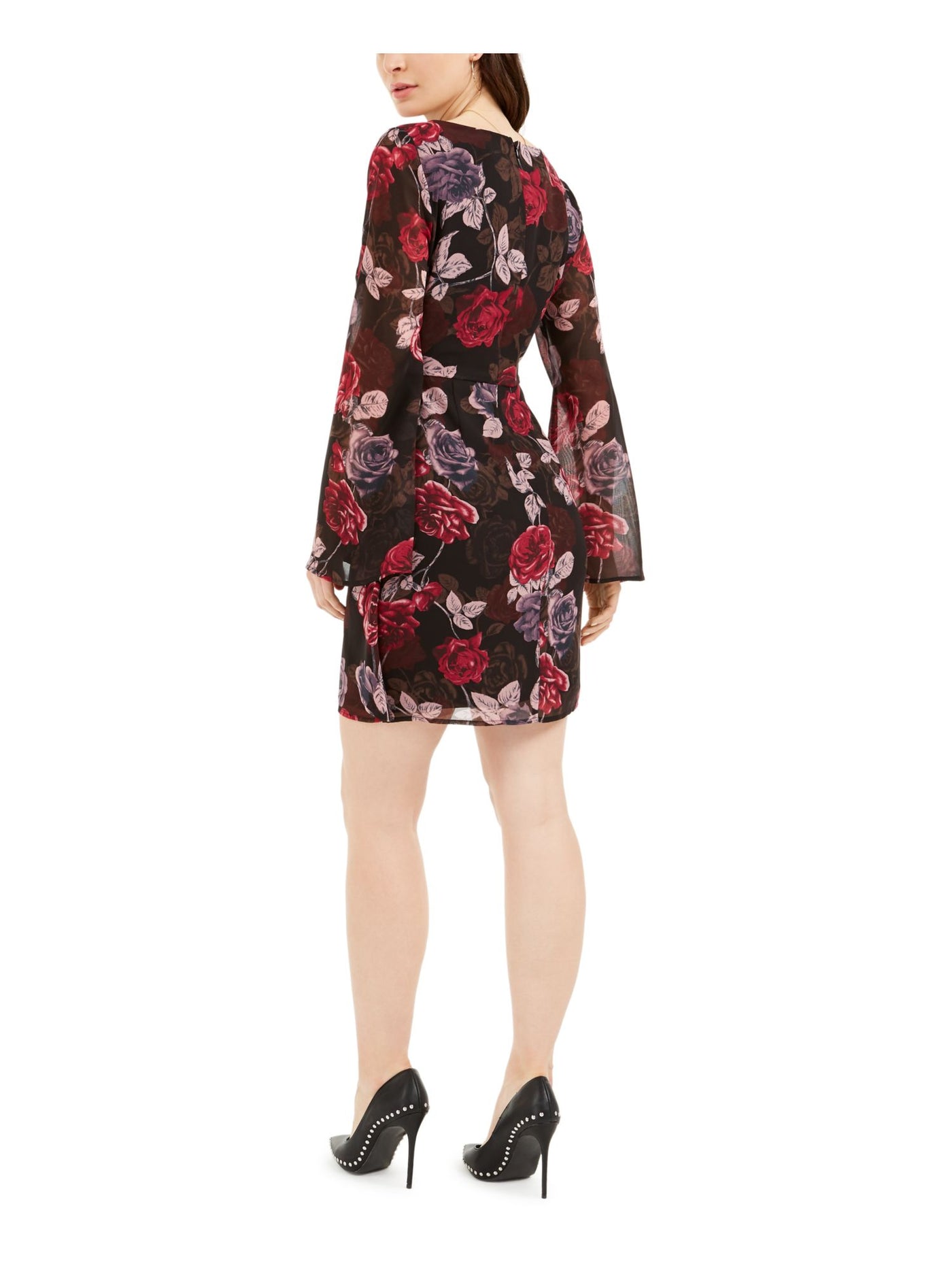 GUESS Womens Red Floral Bell Sleeve V Neck Short Party Wrap Dress XS