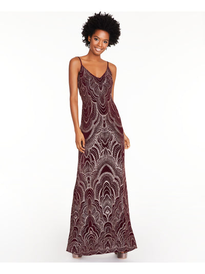 JUMP APPAREL Womens Burgundy Glitter Patterned Spaghetti Strap V Neck Full-Length Formal Sheath Dress 15\16