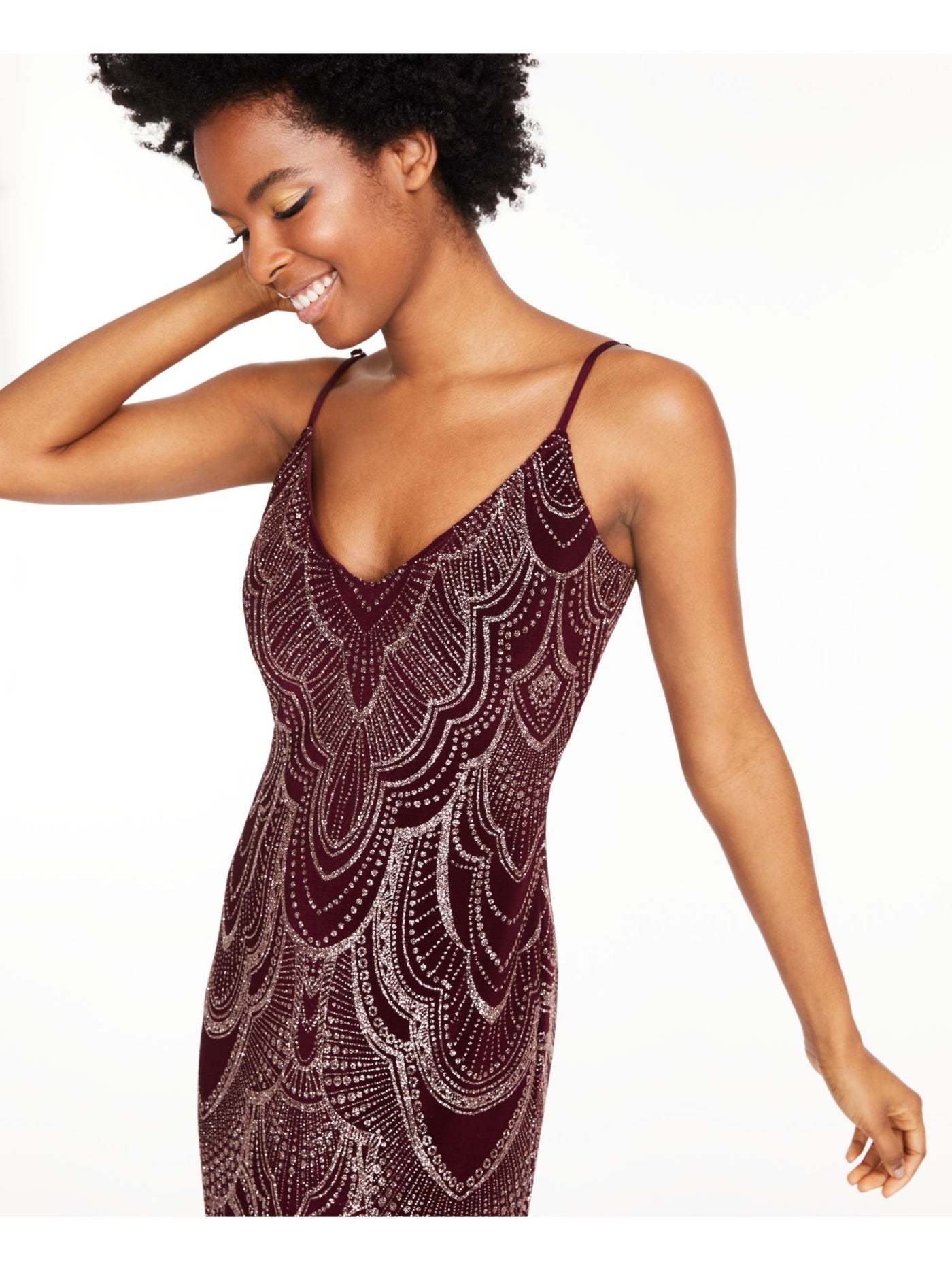 JUMP APPAREL Womens Burgundy Glitter Patterned Spaghetti Strap V Neck Full-Length Formal Sheath Dress 15\16