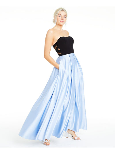 BLONDIE Womens Light Blue Zippered Color Block Strapless Full-Length Party Fit + Flare Dress 9