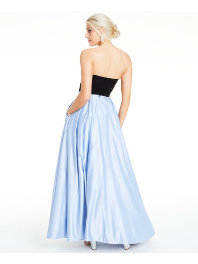 BLONDIE Womens Light Blue Zippered Color Block Strapless Full-Length Party Fit + Flare Dress 9