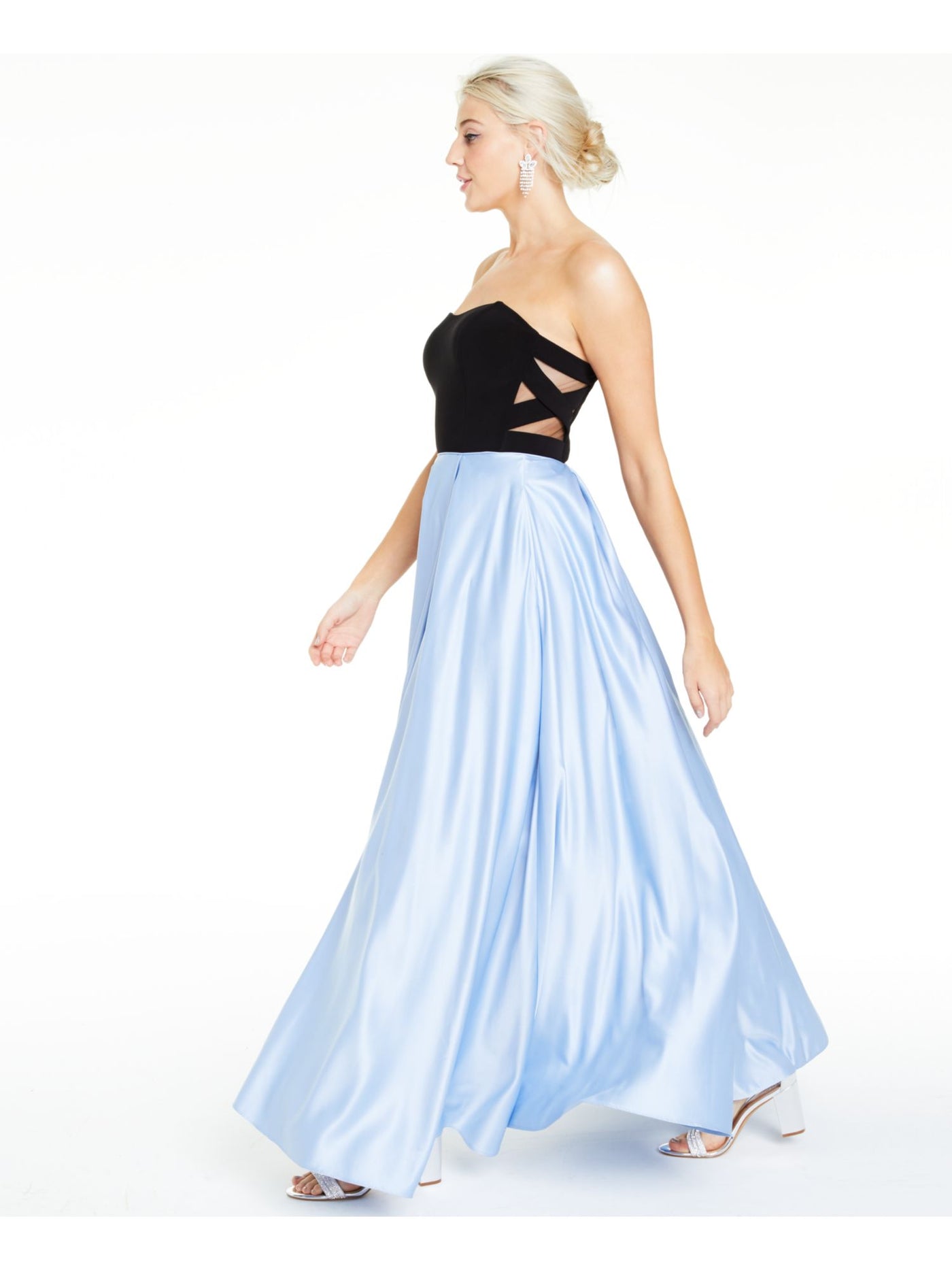 BLONDIE Womens Light Blue Zippered Color Block Strapless Full-Length Party Fit + Flare Dress 9