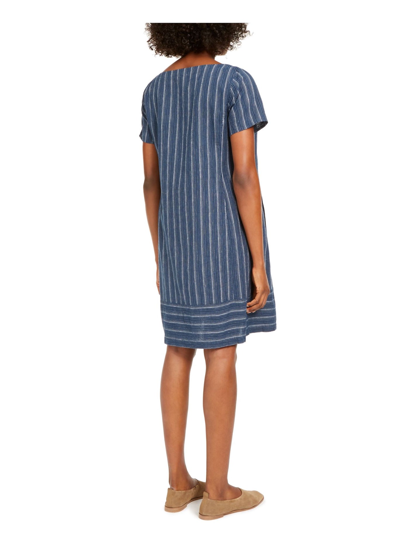 EILEEN FISHER Womens Blue Pinstripe Jewel Neck Above The Knee Fit + Flare Dress XXS