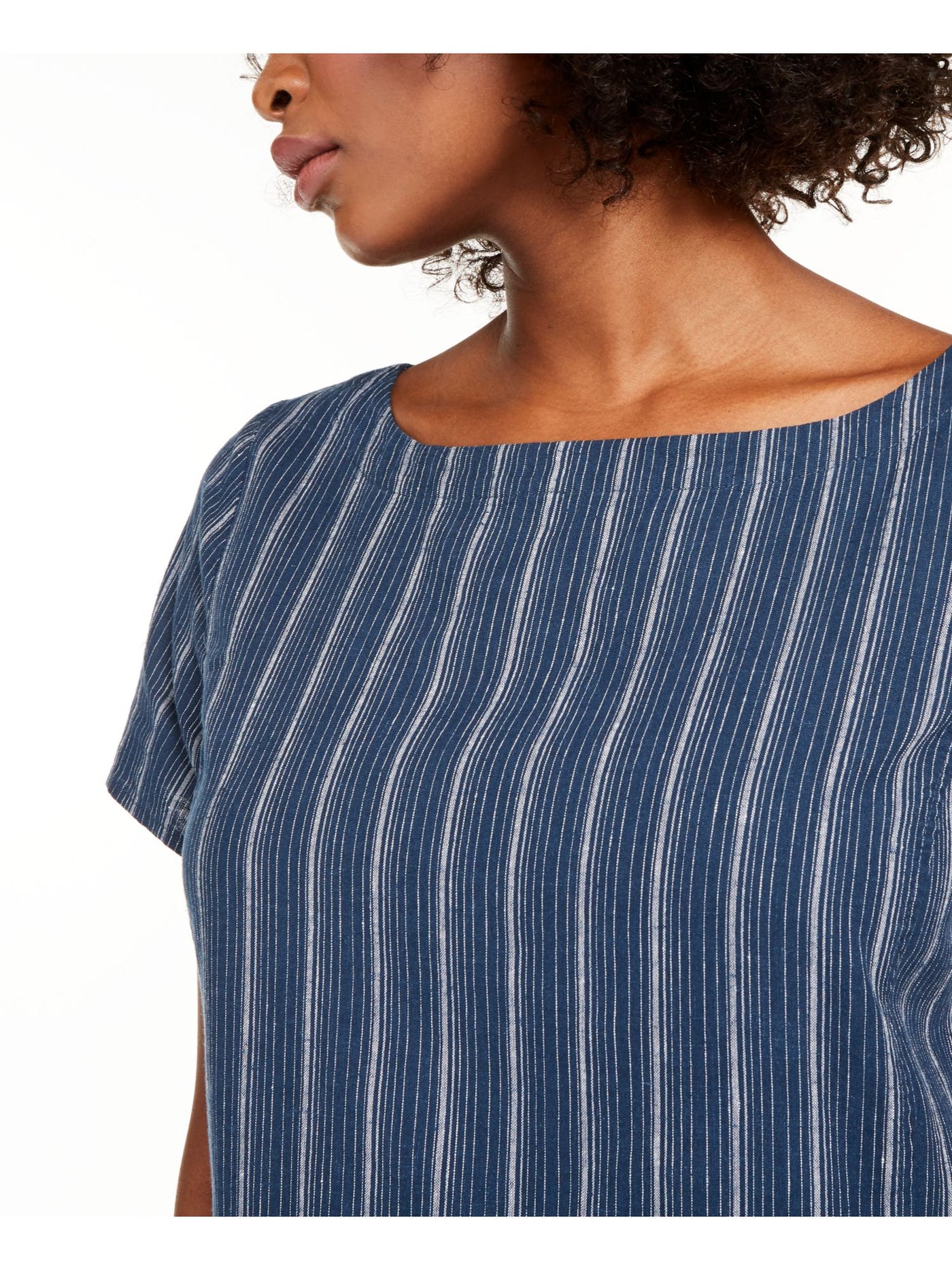 EILEEN FISHER Womens Blue Pinstripe Jewel Neck Above The Knee Fit + Flare Dress XXS