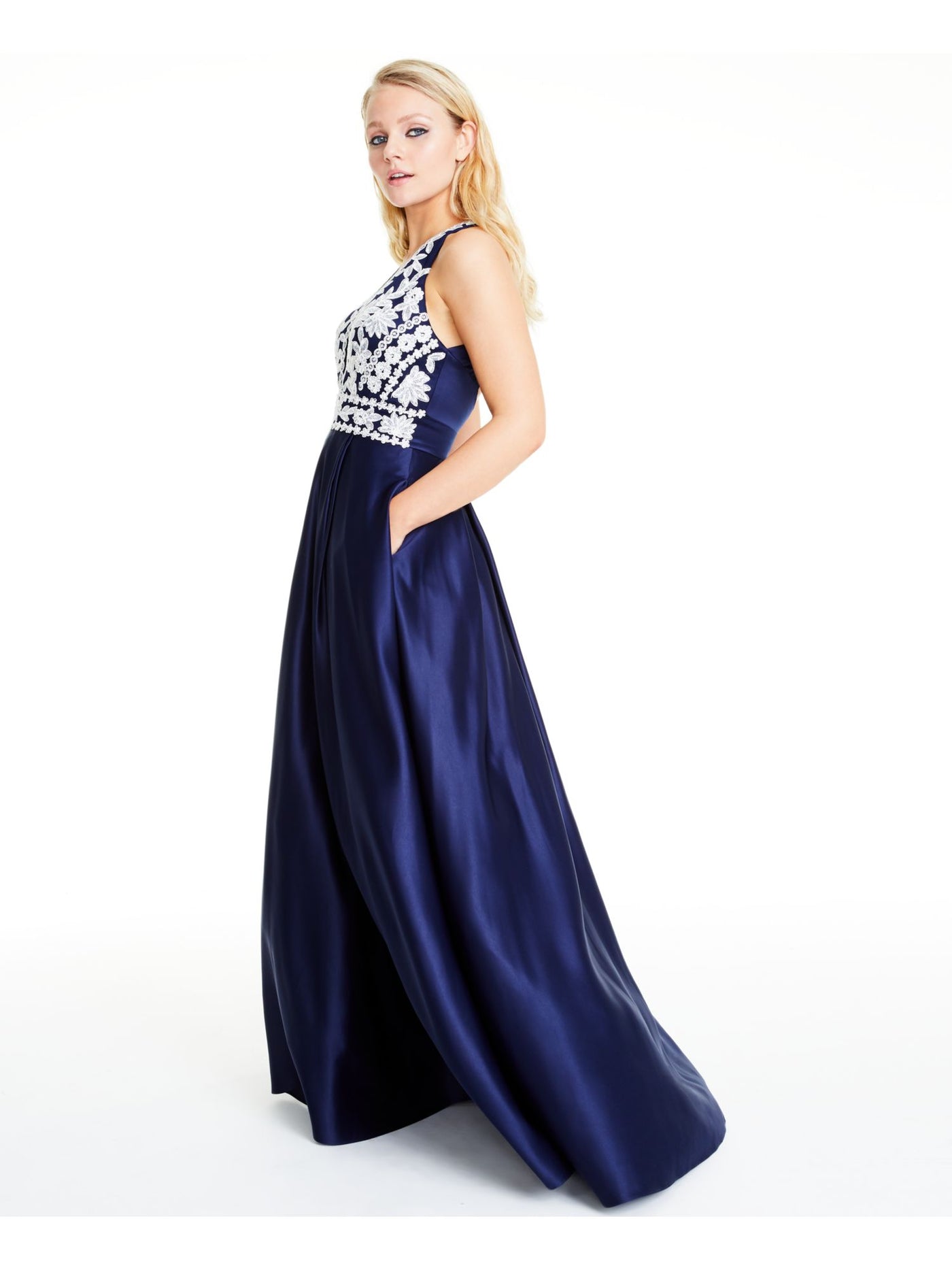 BLONDIE NITES Womens Navy Embellished Textured Floral Sleeveless V Neck Full-Length Formal Fit + Flare Dress 11