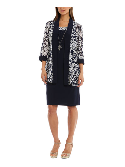 R&M RICHARDS PETITE Womens Navy Sheer 3/4 Sleeve Round Neck Knee Length Sheath Dress Petites 4P