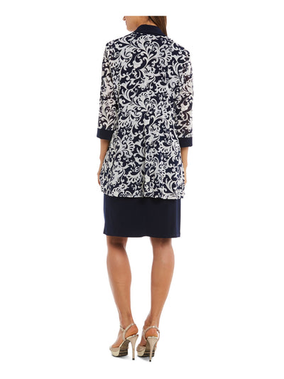 R&M RICHARDS PETITE Womens Navy Sheer 3/4 Sleeve Round Neck Knee Length Sheath Dress Petites 4P