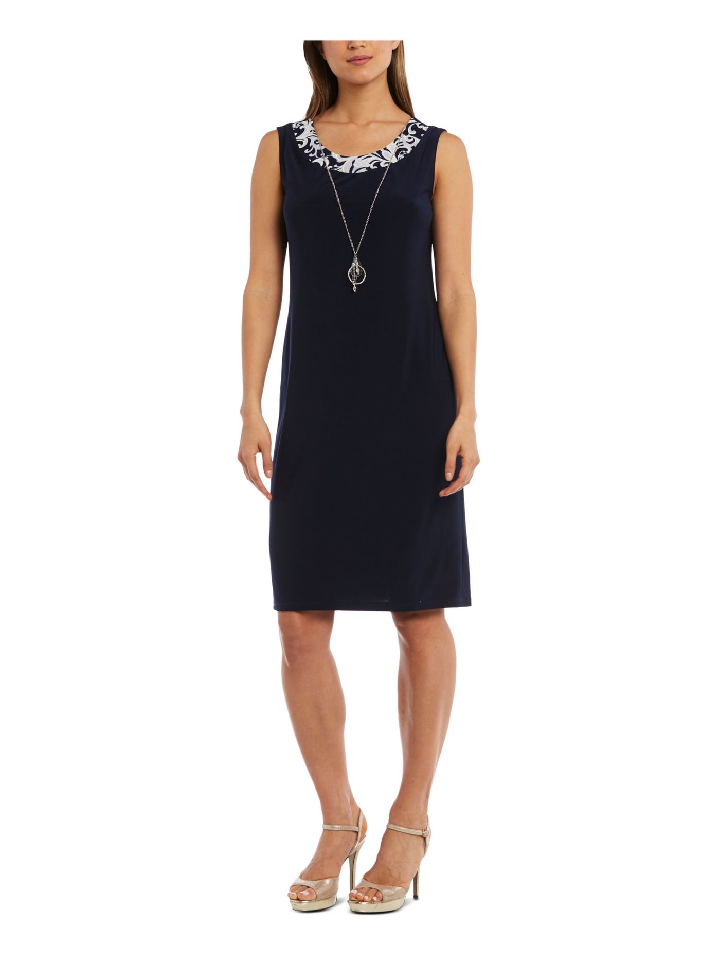 R&M RICHARDS PETITE Womens Navy Sheer 3/4 Sleeve Round Neck Knee Length Sheath Dress Petites 4P