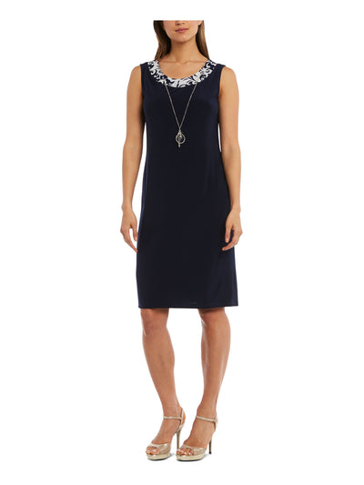 R&M RICHARDS PETITE Womens Navy Sheer 3/4 Sleeve Round Neck Knee Length Sheath Dress Petites 4P