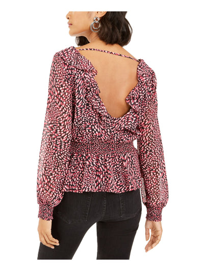 BAR III Womens Pink Ruffled Patterned Long Sleeve V Neck Top XS