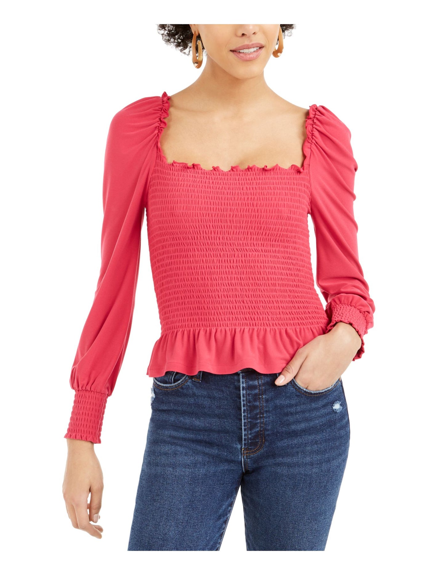 BAR III Womens Ribbed Ruffled Long Sleeve Square Neck Blouse