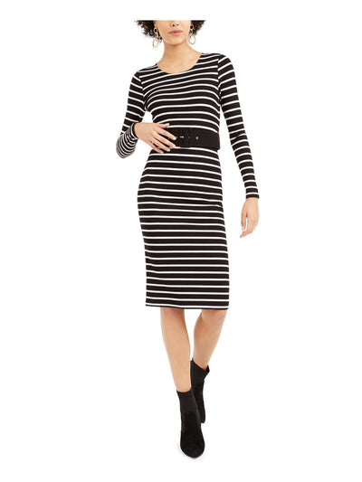 BAR III Womens Black Belted Striped Long Sleeve Jewel Neck Knee Length Pencil Dress S