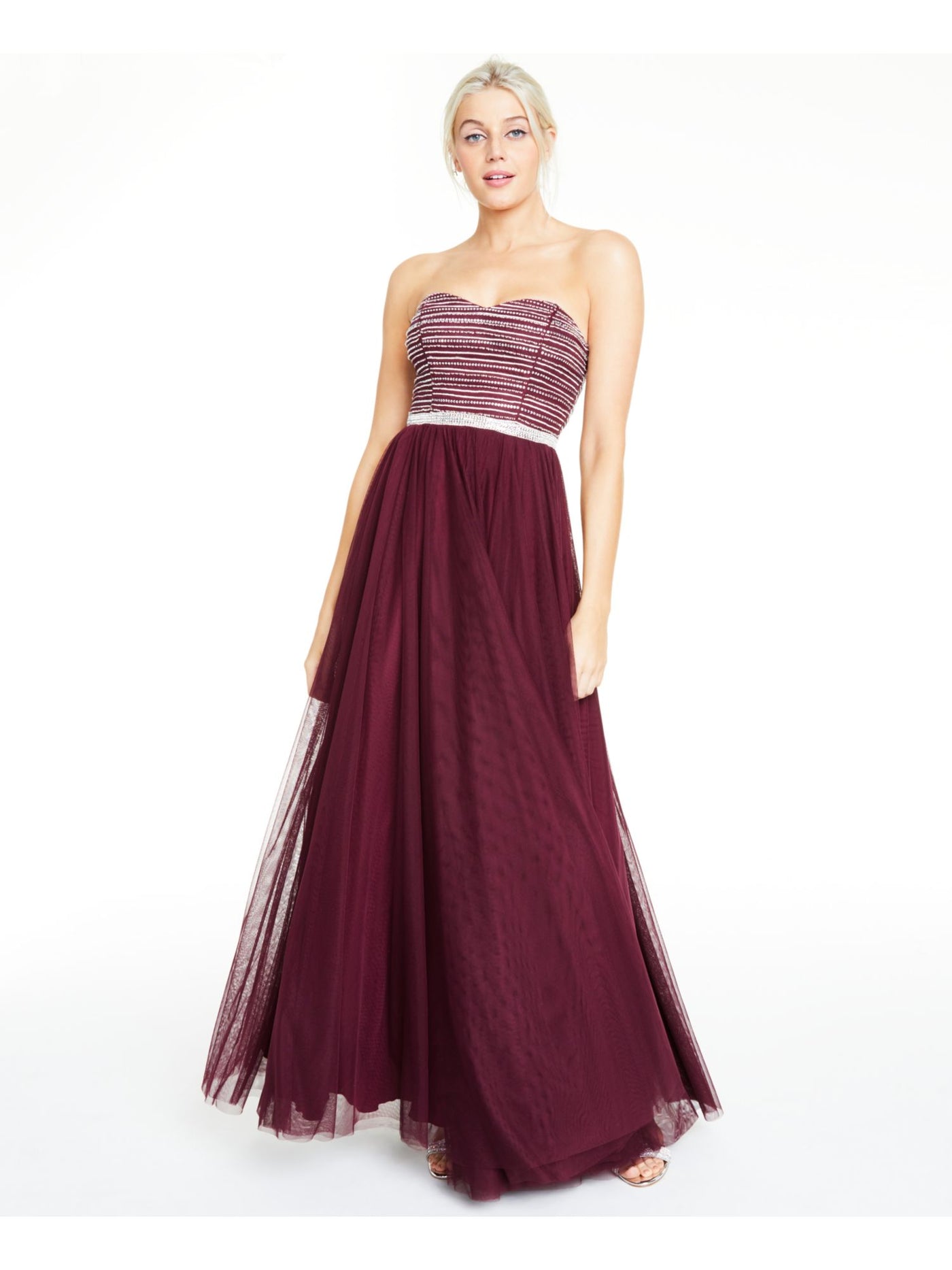 CITY STUDIO Womens Burgundy Mesh Beaded Sleeveless Sweetheart Neckline Full-Length Prom Dress 0