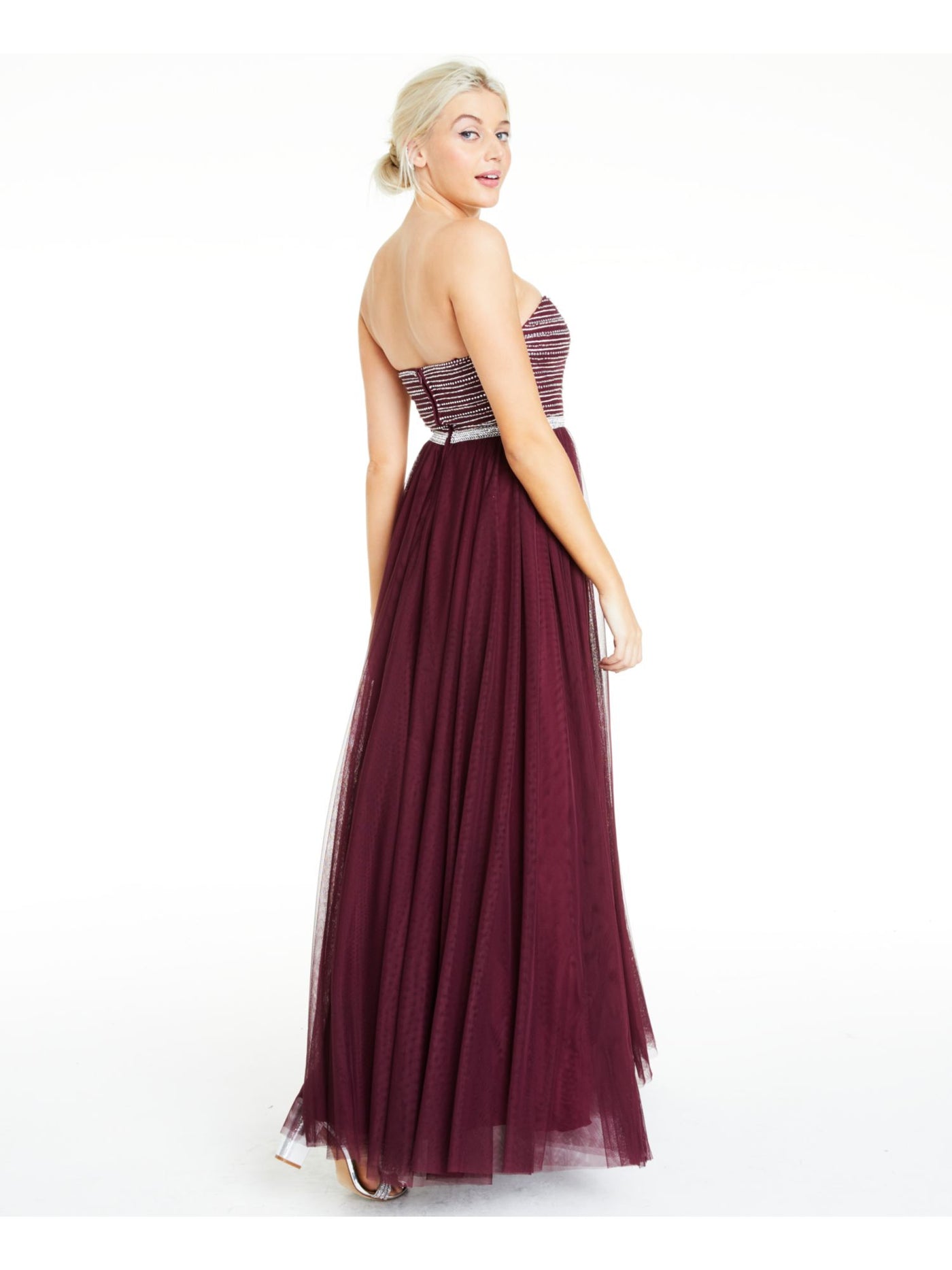 CITY STUDIO Womens Burgundy Mesh Beaded Sleeveless Sweetheart Neckline Full-Length Prom Dress 1