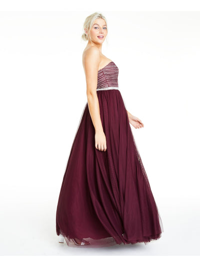 CITY STUDIO Womens Burgundy Mesh Beaded Sleeveless Sweetheart Neckline Full-Length Prom Dress 1