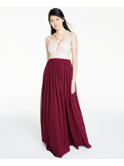 SAY YES TO THE PROM Womens Maroon Beaded Spaghetti Strap V Neck Full-Length Formal Empire Waist Dress 3