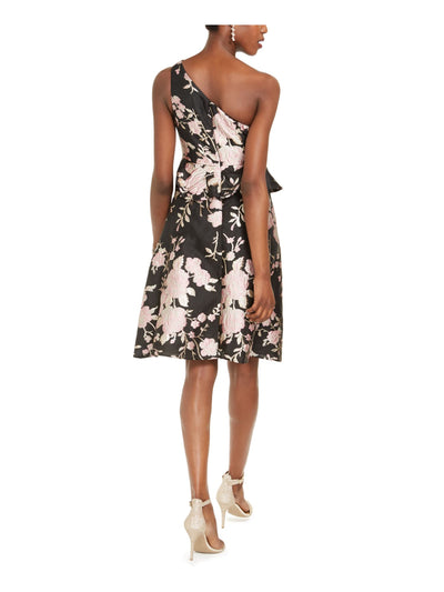 ADRIANNA PAPELL Womens Black Embellished Pocketed Floral Asymmetrical Neckline Above The Knee Evening Fit + Flare Dress 8