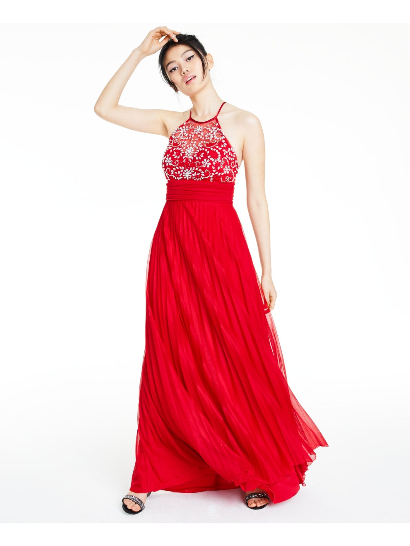 B DARLIN Womens Red Embellished Sleeveless Halter Full-Length Prom Fit + Flare Dress 7\8