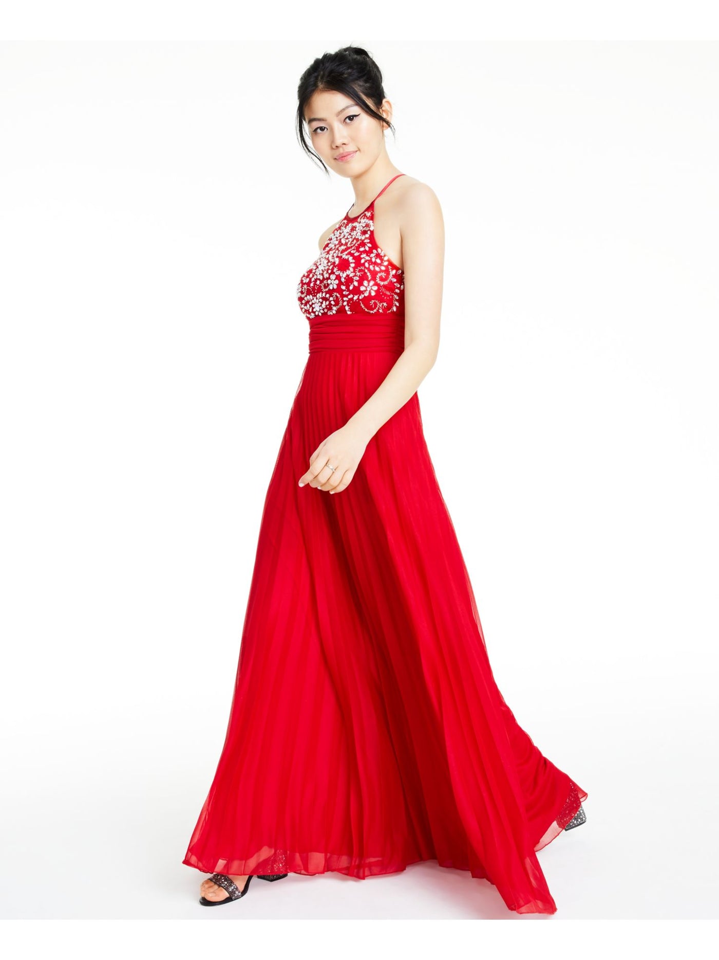 B DARLIN Womens Red Embellished Sleeveless Halter Full-Length Prom Fit + Flare Dress 7\8