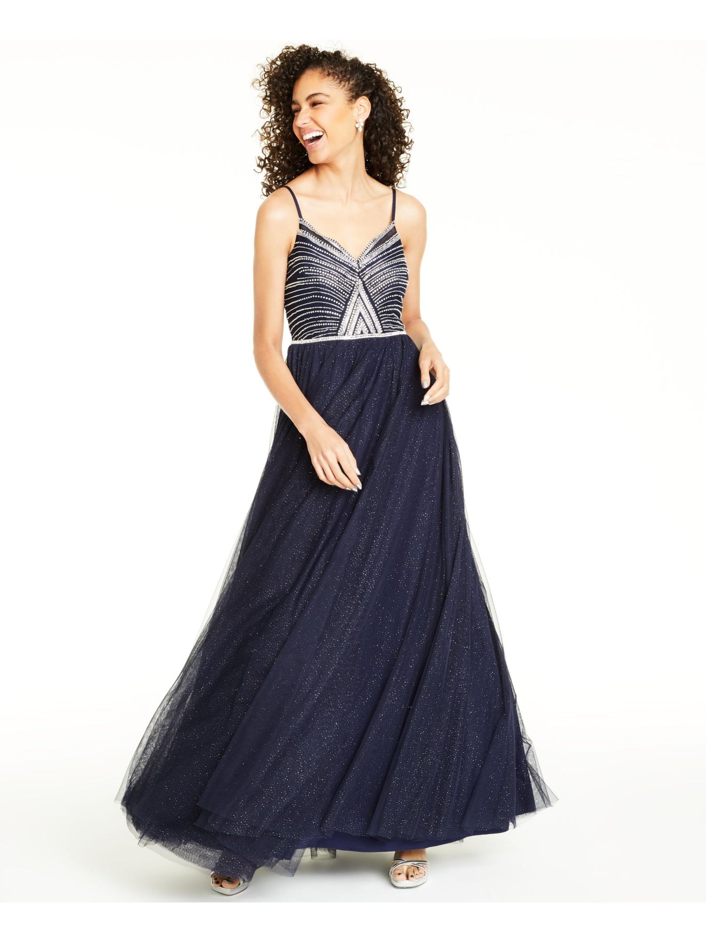 SAY YES TO THE PROM Womens Navy Glitter Sheer Spaghetti Strap Sweetheart Neckline Full-Length Formal Fit + Flare Dress 1