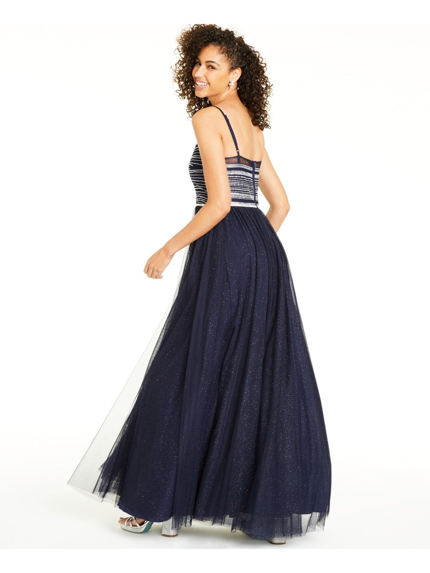 SAY YES TO THE PROM Womens Navy Glitter Sheer Spaghetti Strap Sweetheart Neckline Full-Length Formal Fit + Flare Dress 1