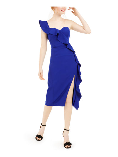 AIDAN MATTOX Womens Blue Ruffled Slitted Short Sleeve Asymmetrical Neckline Below The Knee Cocktail Sheath Dress 2