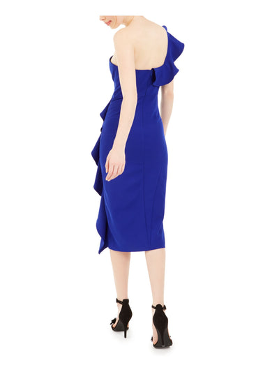 AIDAN MATTOX Womens Blue Ruffled Slitted Short Sleeve Asymmetrical Neckline Below The Knee Cocktail Sheath Dress 2