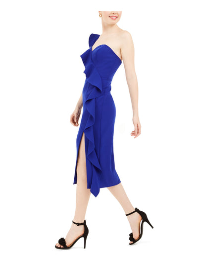 AIDAN MATTOX Womens Blue Ruffled Slitted Short Sleeve Asymmetrical Neckline Below The Knee Cocktail Sheath Dress 2