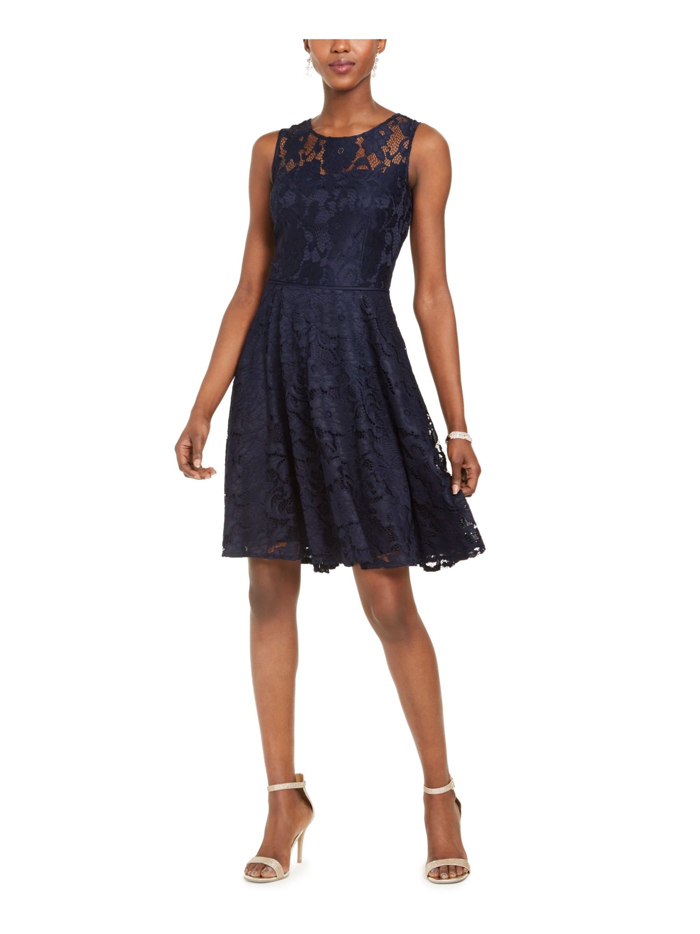 TAHARI Womens Navy Lace Floral Sleeveless Jewel Neck Above The Knee Party Trapeze Dress 6