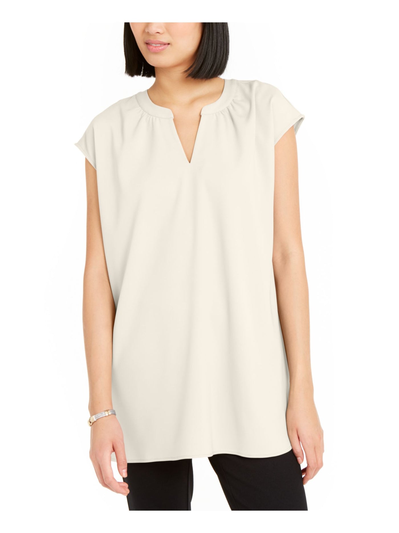 ALFANI Womens Ivory Solid Cap Sleeve Keyhole Peasant Top Size: XS