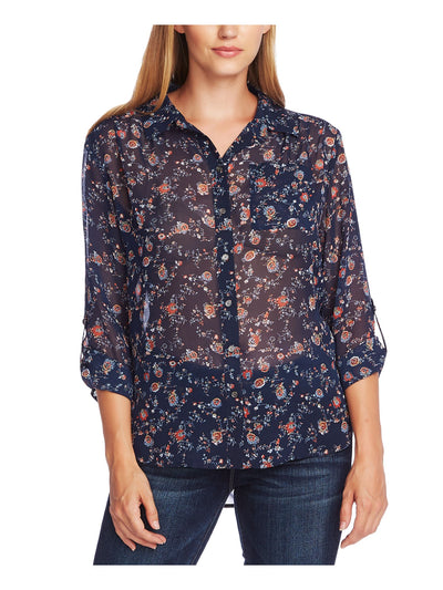 VINCE CAMUTO Womens Navy Pocketed Sheer Floral Cuffed Collared Button Up Top XS