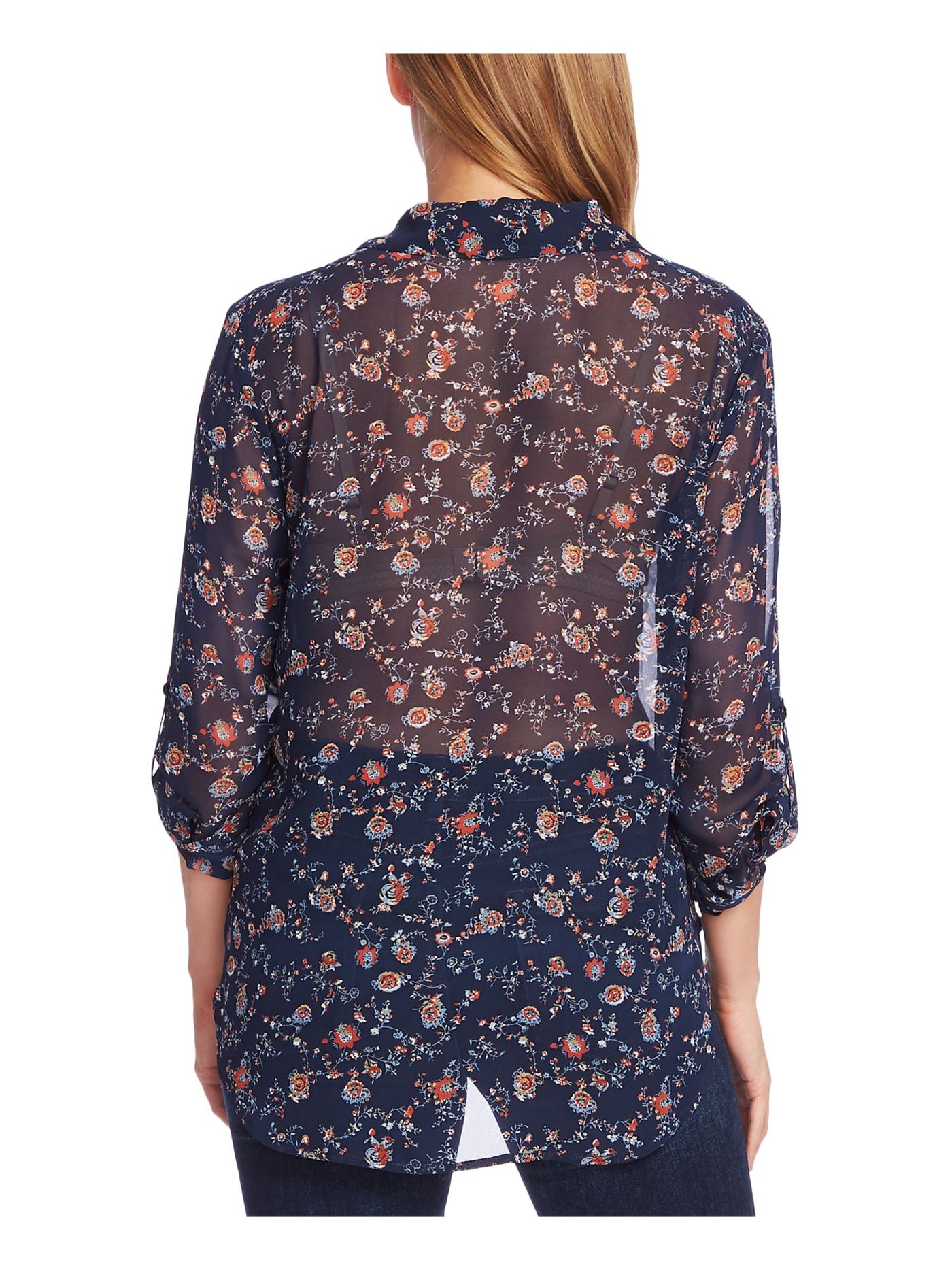 VINCE CAMUTO Womens Navy Pocketed Sheer Floral Cuffed Collared Button Up Top XS