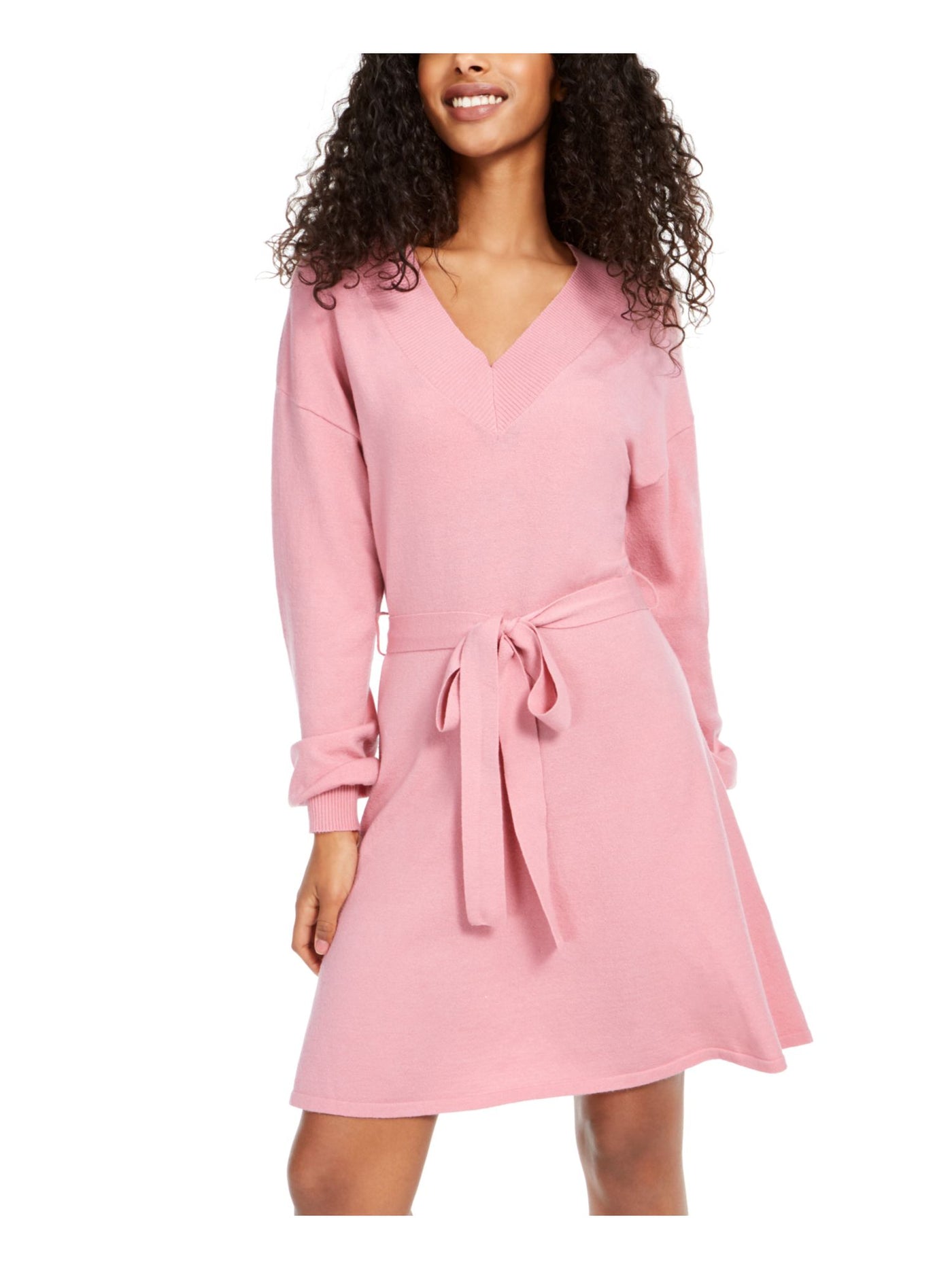 SEQUIN HEARTS Womens Pink Tie Front Long Sleeve V Neck Short Sheath Dress M