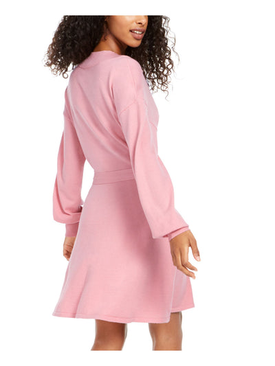 SEQUIN HEARTS Womens Pink Tie Front Long Sleeve V Neck Short Sheath Dress S