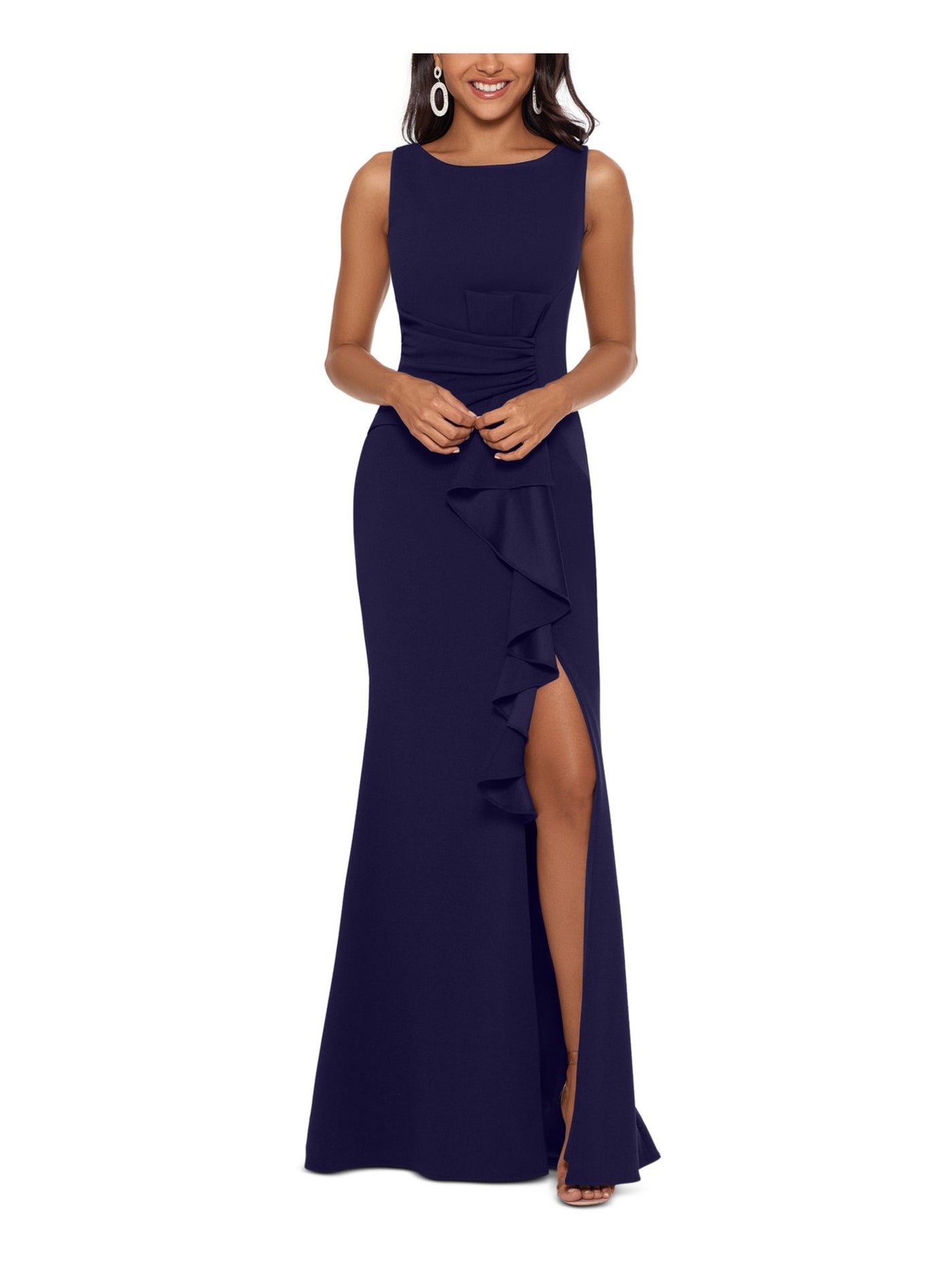 BETSY & ADAM Womens Navy Ruffled Attached Sheer Cape Sleeveless Jewel Neck Full-Length Evening Sheath Dress 4
