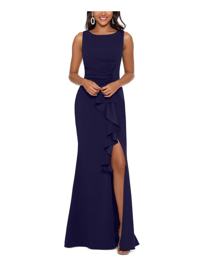 BETSY & ADAM Womens Navy Ruffled Attached Sheer Cape Sleeveless Jewel Neck Full-Length Evening Sheath Dress 4
