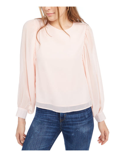 Q+A Los Angeles Womens Pleated Sheer Keyhole Long Sleeve Crew Neck Top