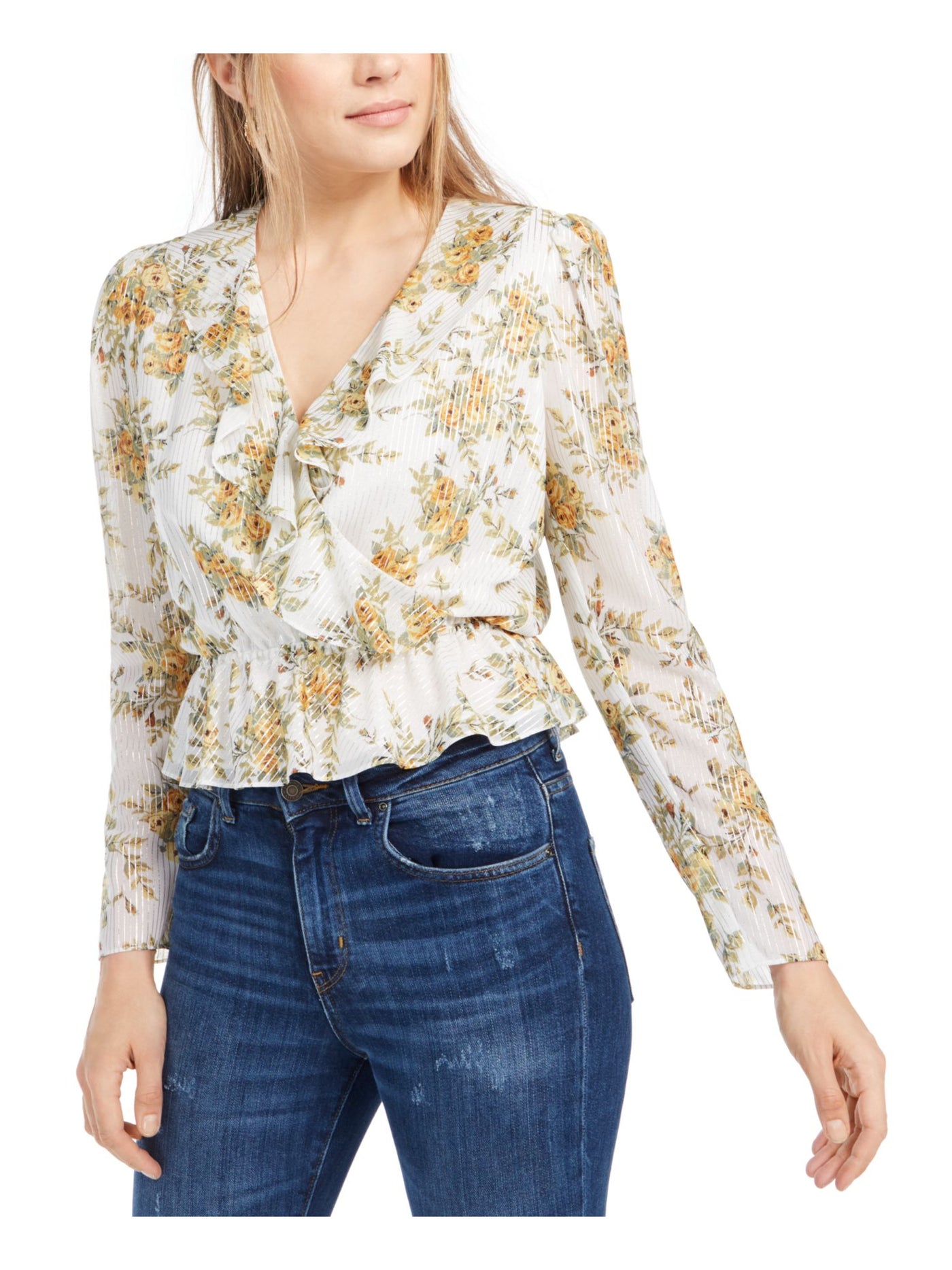 LEYDEN Womens White Ruffled Floral Long Sleeve V Neck Top XL