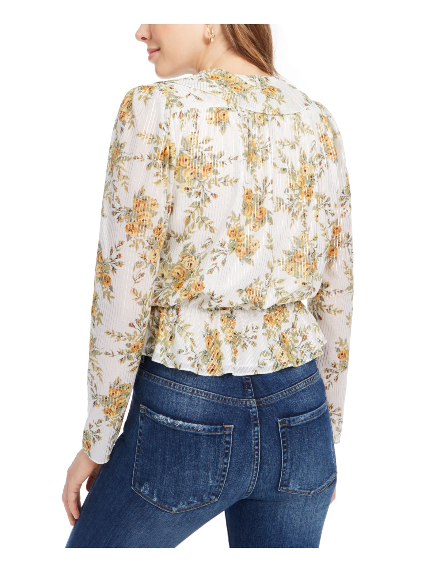 LEYDEN Womens White Ruffled Floral Long Sleeve V Neck Top XL