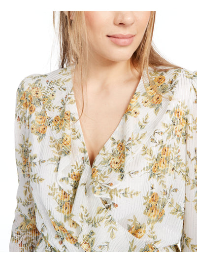 LEYDEN Womens White Ruffled Floral Long Sleeve V Neck Top XL