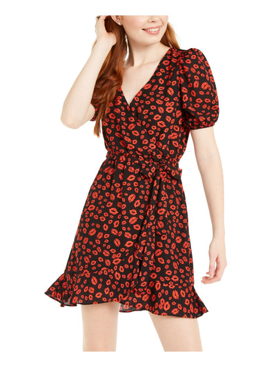 LOLA GRACE Womens Black Ruffled Belted Pouf Sleeve Surplice Neckline Short Party Faux Wrap Dress XS