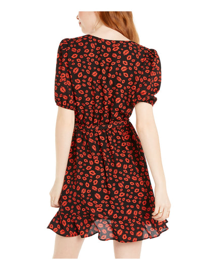 LOLA GRACE Womens Black Ruffled Belted Pouf Sleeve Surplice Neckline Short Party Faux Wrap Dress XS