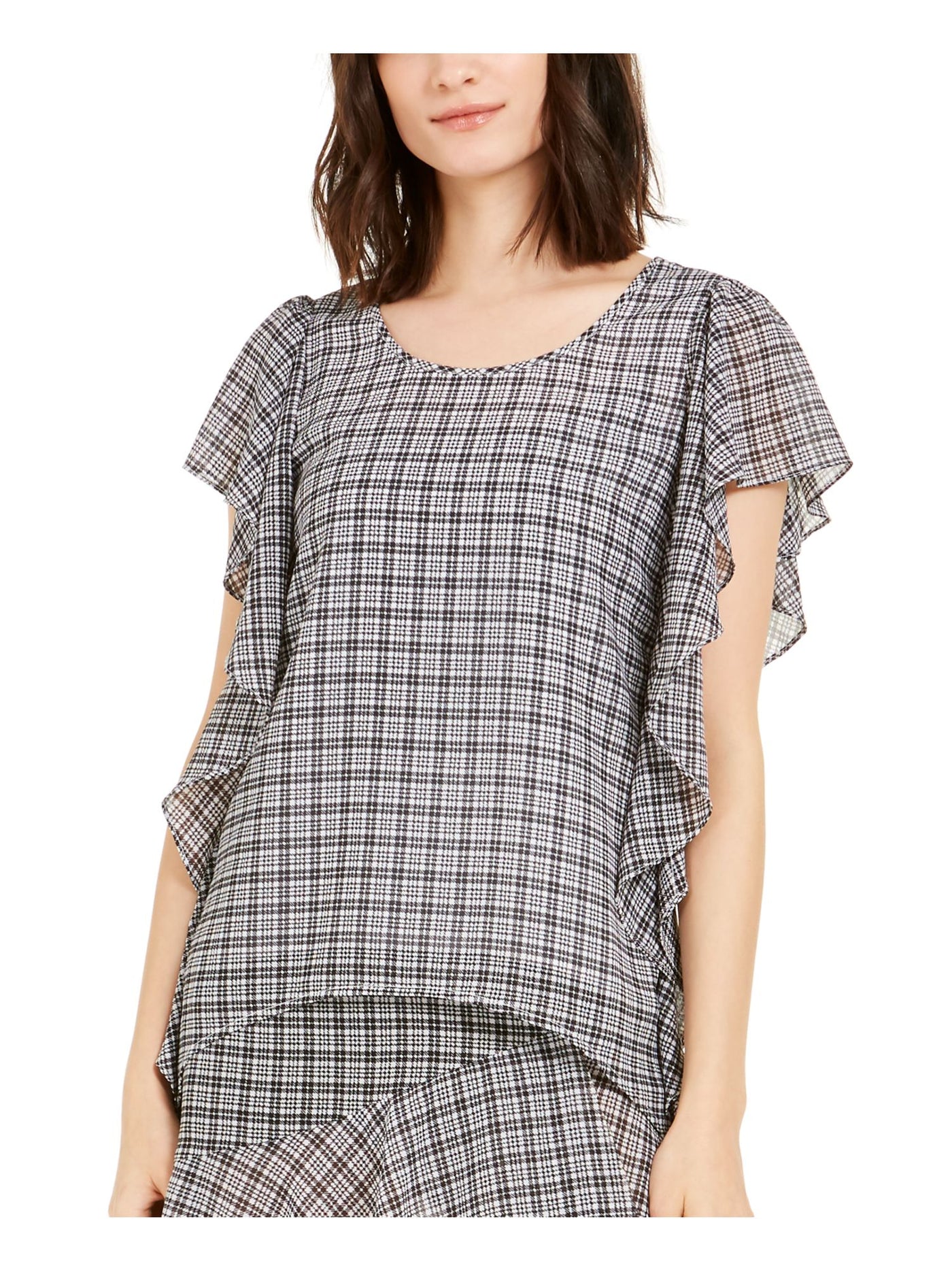 MICHAEL KORS Womens White Ruffled Plaid Jewel Neck Top XS