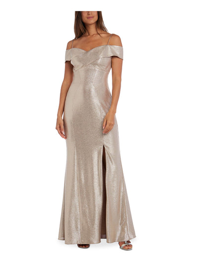 NIGHTWAY Womens Gold Slitted Off Shoulder Full-Length Evening Sheath Dress Petites 6P