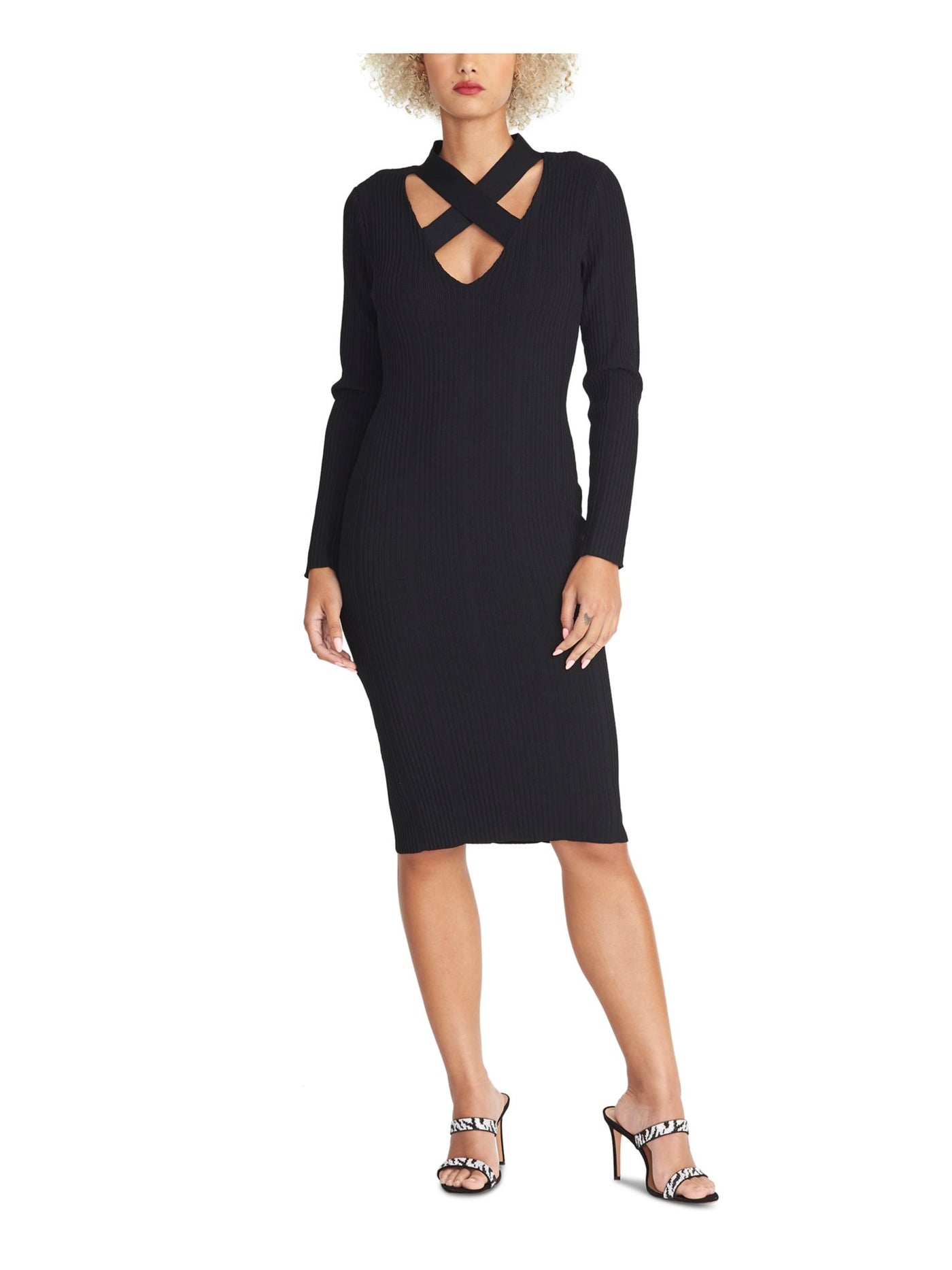 RACHEL ROY Womens Black Textured Long Sleeve Keyhole Below The Knee Evening Body Con Dress XS