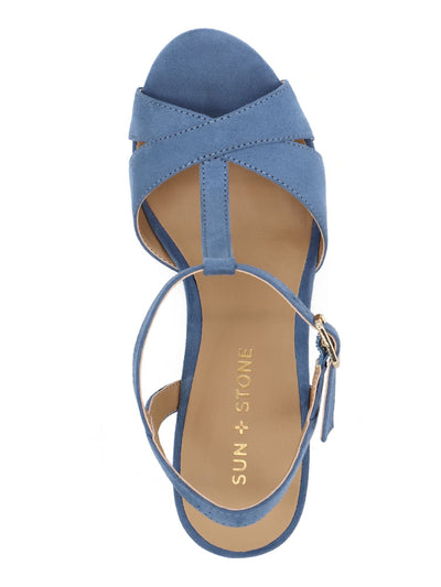 SUN STONE Womens Light Blue 1" Platform Cushioned Strappy T-Strap Slip Resistant Jamie Round Toe Block Heel Buckle Slingback Sandal 10.5 M