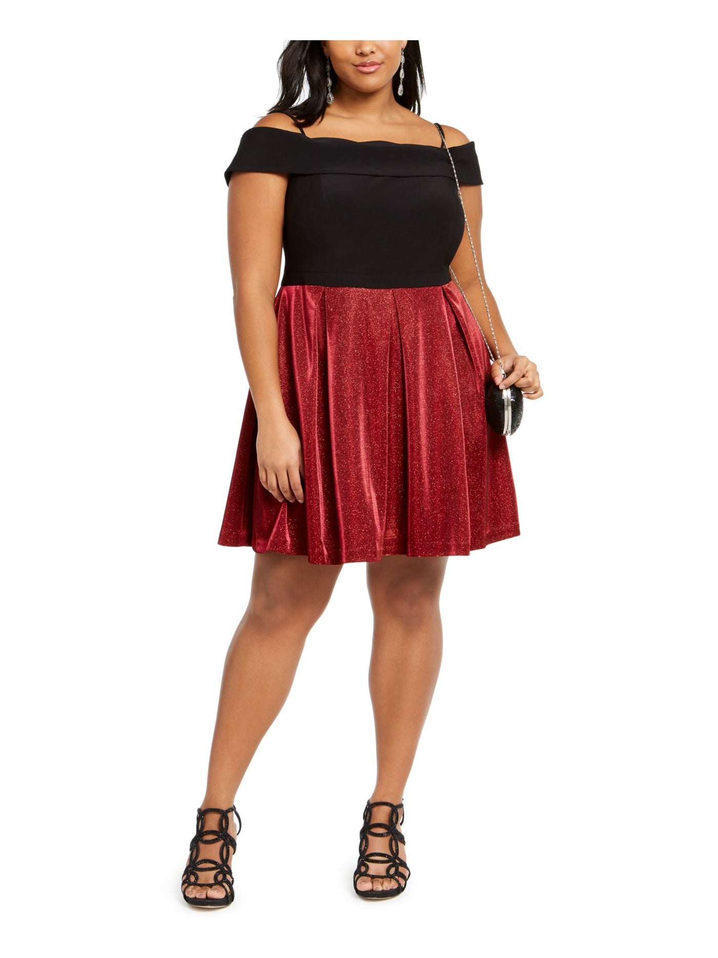 MORGAN & CO Womens Red Glitter Short Sleeve Off Shoulder Above The Knee Evening Fit + Flare Dress Plus 20W