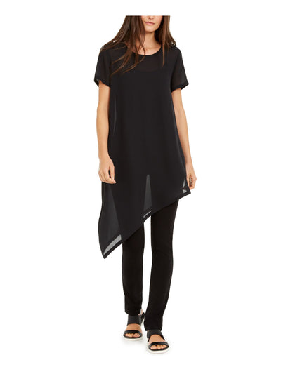 EILEEN FISHER Womens Black Ribbed Sheer Asymmetrical Hem Short Sleeve Round Neck Evening Tunic Top XXS