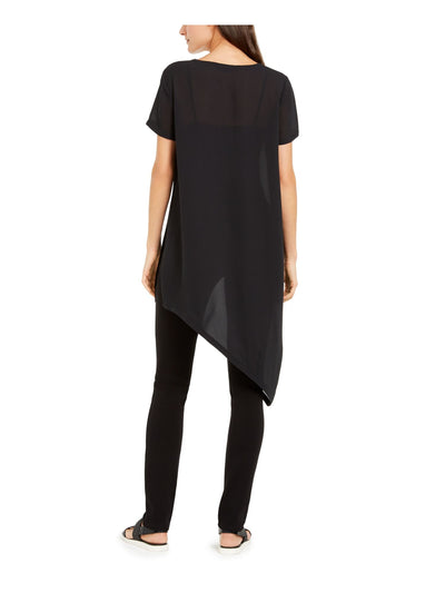 EILEEN FISHER Womens Black Ribbed Sheer Asymmetrical Hem Short Sleeve Round Neck Evening Tunic Top XXS