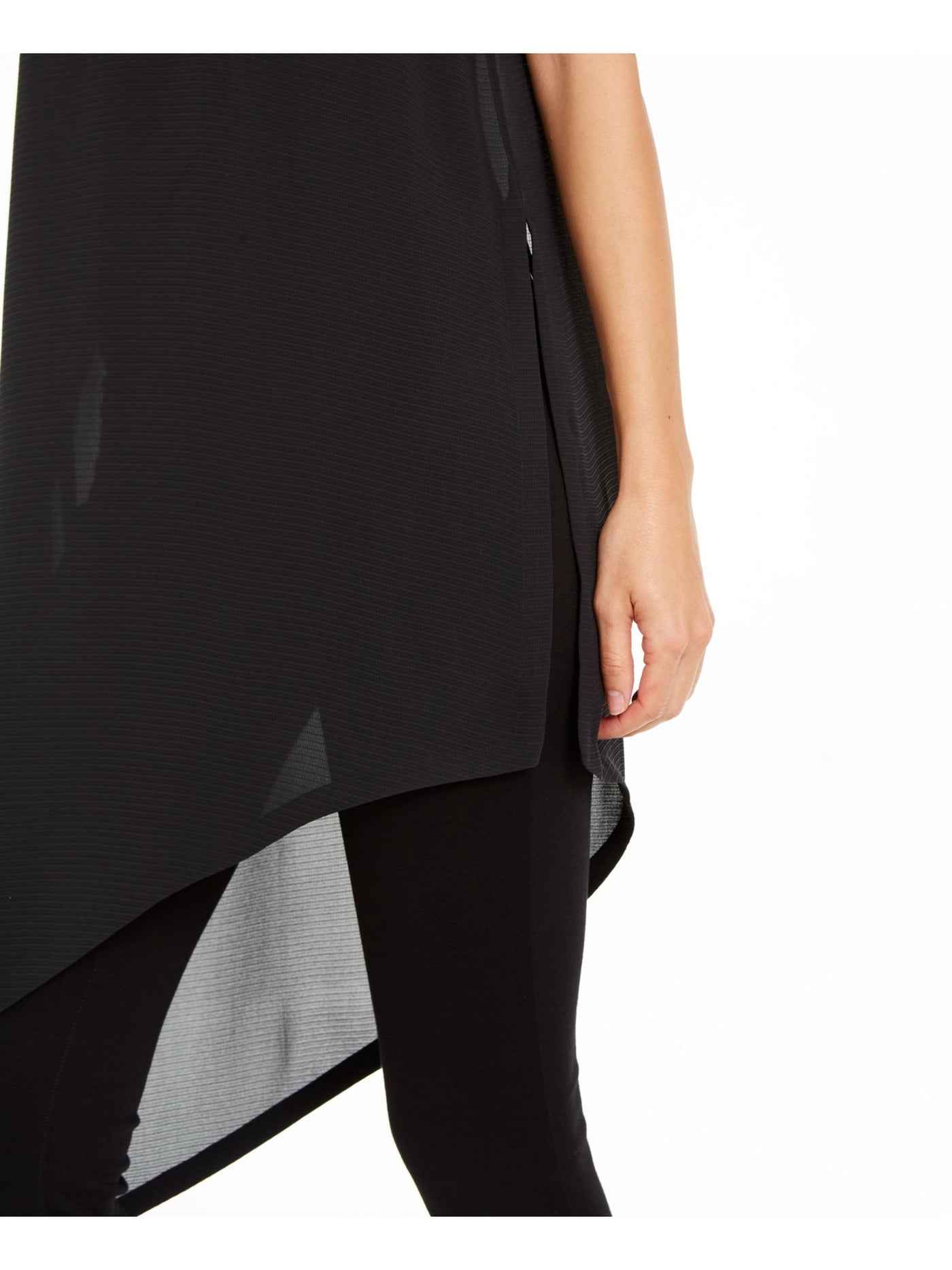 EILEEN FISHER Womens Black Ribbed Sheer Asymmetrical Hem Short Sleeve Round Neck Evening Tunic Top XXS
